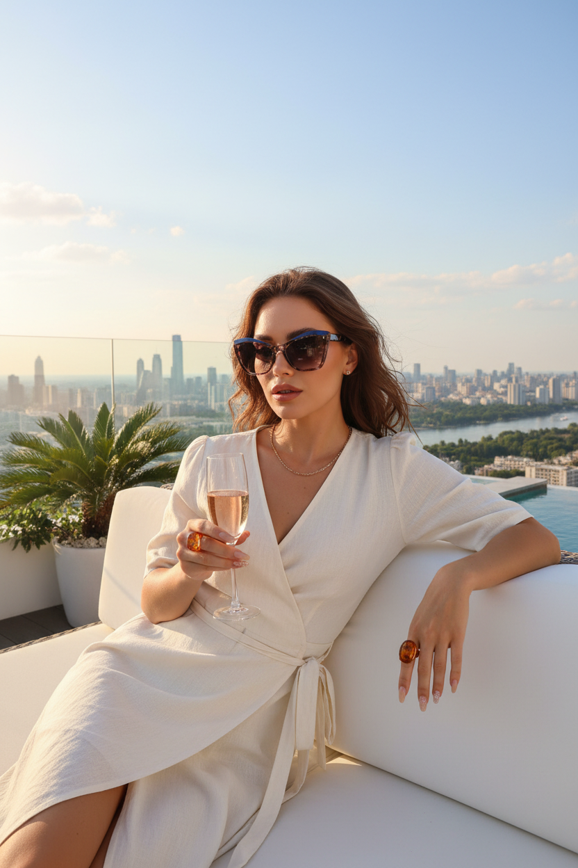Model wearing blue floral cat-eye sunglasses on a rooftop terrace
