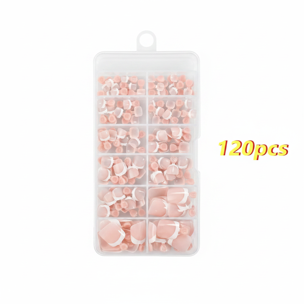 120 pink French tip press-on toe nails in clear organiser box flat lay