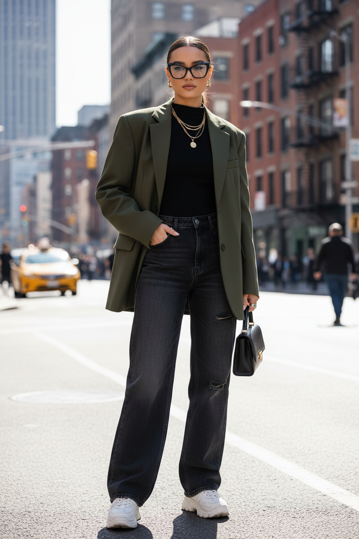Model wearing black retro cat-eye glasses on a city street – urban street style