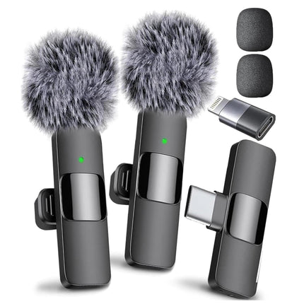 K1 Dual Wireless Lavalier Microphone Set – USB-C & Apple Compatible | 2 Clip-On Mics with Windshields - AR trading hub