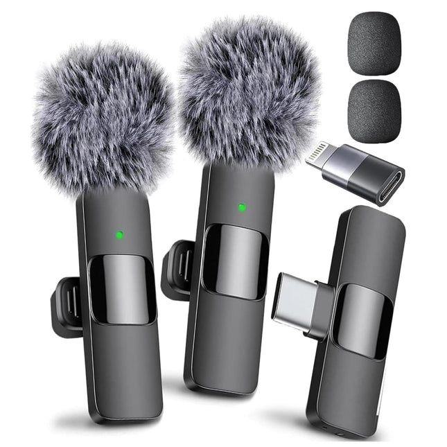 K1 Dual Wireless Lavalier Microphone Set – USB-C & Apple Compatible | 2 Clip-On Mics with Windshields - AR trading hub