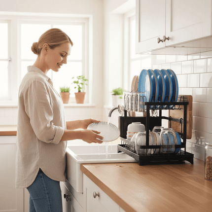 Large 2 Tier Kitchen Dish Drying Rack with Utensil Holder & Glass Holder - AR trading hub
