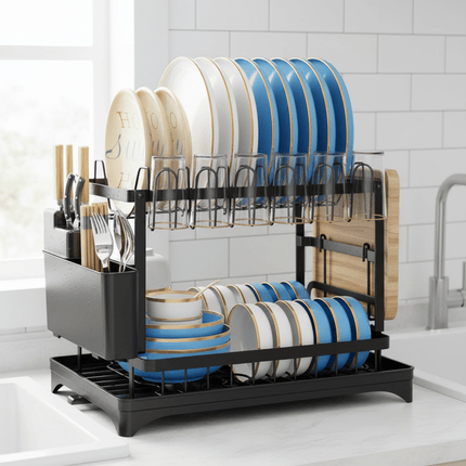 Large 2 Tier Kitchen Dish Drying Rack with Utensil Holder & Glass Holder - AR trading hub