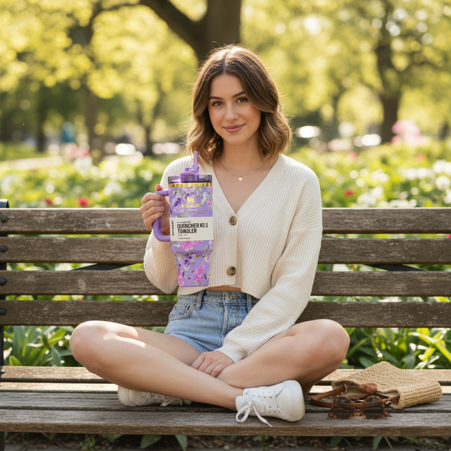 LoveShackFancy x Stanley Quencher H2.0 40oz Tumbler - Floral Purple Insulated Cup - AR trading hub