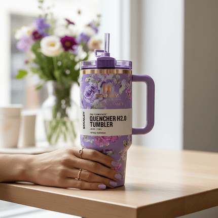 LoveShackFancy x Stanley Quencher H2.0 40oz Tumbler - Floral Purple Insulated Cup - AR trading hub