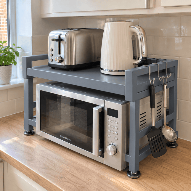 Microwave Oven Storage Rack – Freestanding Kitchen Countertop Organiser Shelf with Side Hooks - AR trading hub