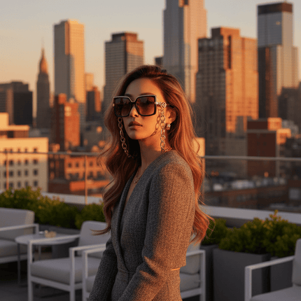 Square Sunglasses – Black Frame with Gold Medallion Chain Temple | Influencer Street Style - AR trading hub