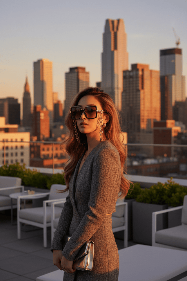 Square Sunglasses – Black Frame with Gold Medallion Chain Temple | Influencer Street Style - AR trading hub