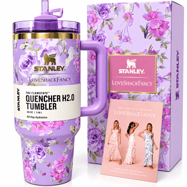 Stanley x LoveShackFancy Quencher H2.0 Tumbler 40oz – Floral Purple Insulated Cup with Handle & Straw - AR trading hub